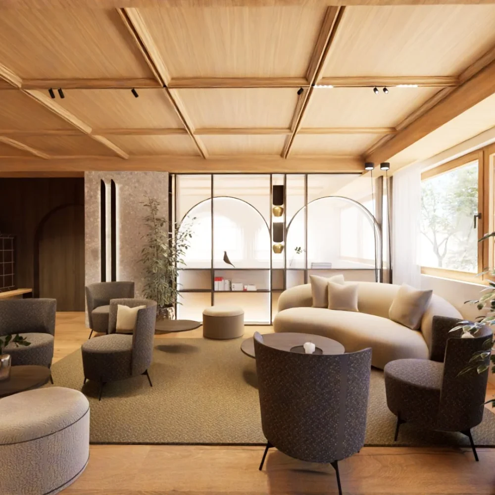 Soggiorno moderno con arredamento elegante e dettagli in legno.