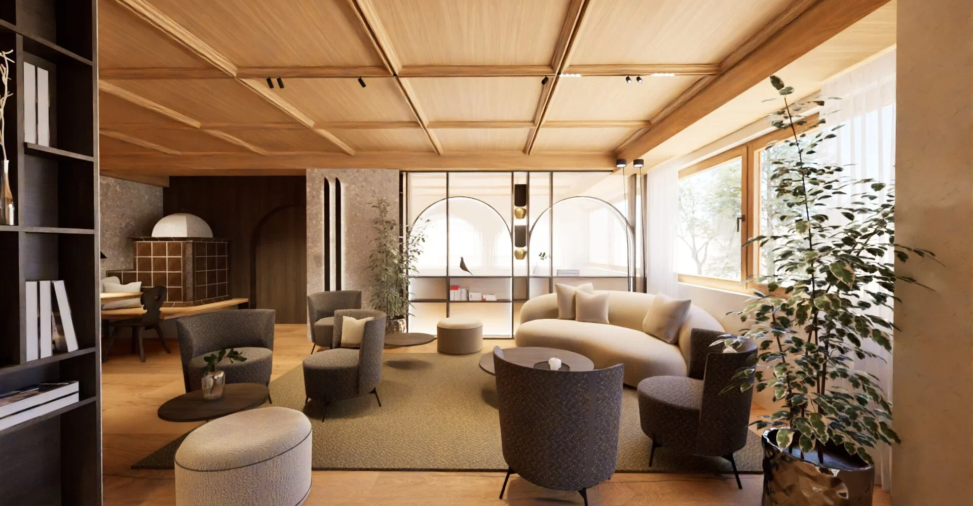 Soggiorno moderno con arredamento elegante e dettagli in legno.