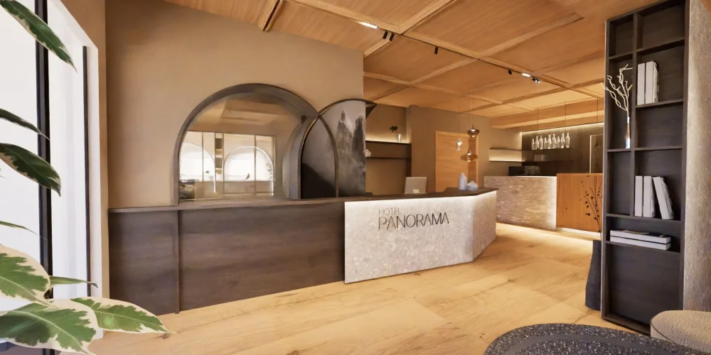 Reception moderna dell'Hotel Panorama con arredi in legno e illuminazione calda.