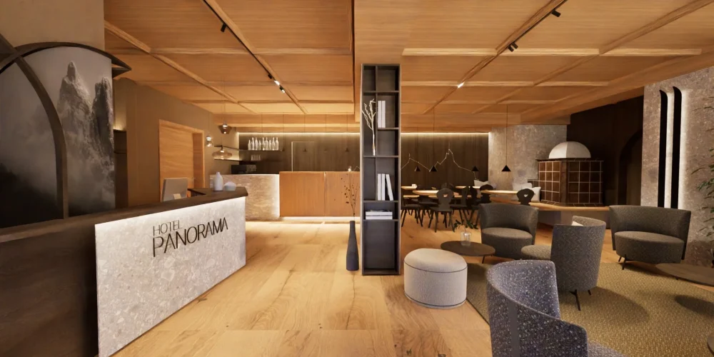 Hall d'ingresso moderna e accogliente di un hotel con arredi in legno.