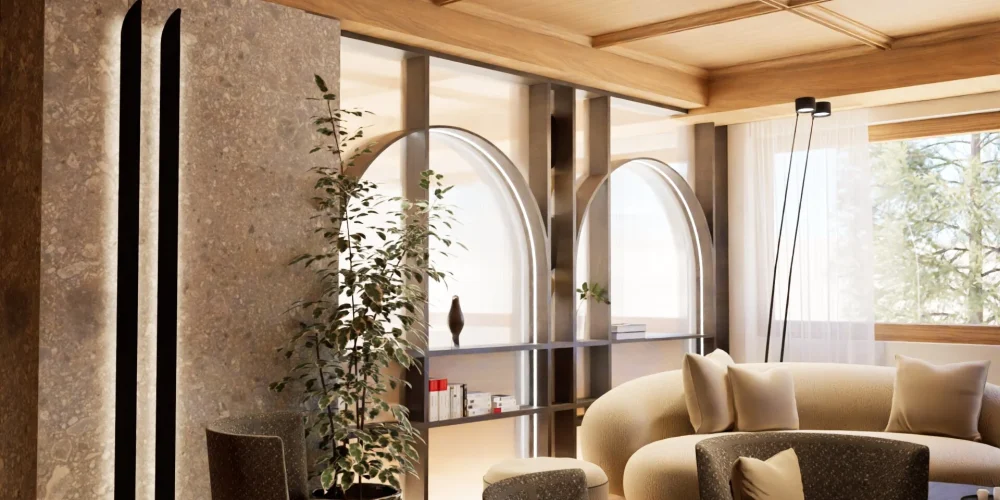 Soggiorno elegante e moderno con arredi curvi e grandi finestre ad arco.